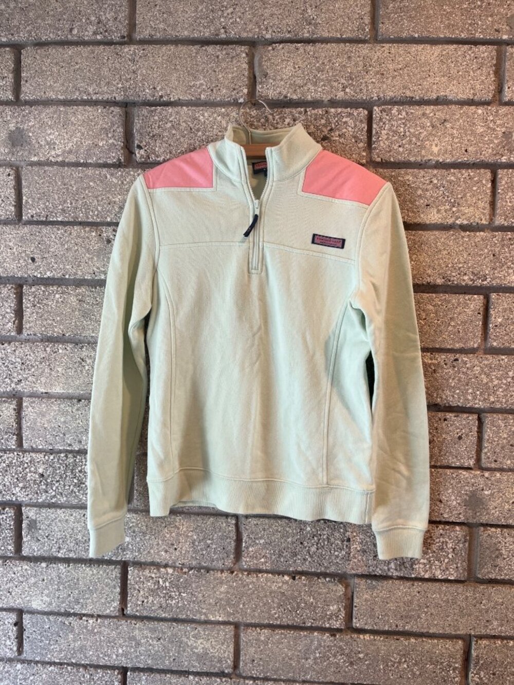 Vineyard Vines Womens Quarter-Zip Pullover Sweatshirt Green With Pink Accents Si